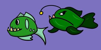 A set of color drawings. Predatory green fish with sharp teeth, vector cartoon illustration on a dark background