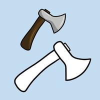 A set for a coloring book. Heavy metal axe, a tool for chopping firewood, repair and construction. Vector illustration on a blue background