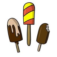 A set of delicious cold desserts, chocolate and fruit ice cream on a stick. Vector illustration in cartoon style on a white background