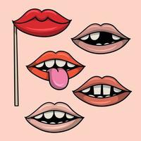A set of vector illustrations, various funny drawings with different emotions, smiling lips, showing teeth, some teeth are missing, funny signs for a party with teeth