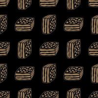 Brownies on a black background. Wrapping paper pattern for bakery shop. Hand drawn lines. vector