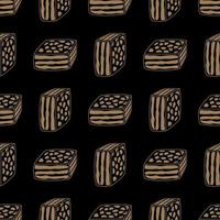 Brownies on a black background. Wrapping paper pattern for bakery shop. Hand drawn lines. vector