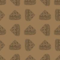 Seamless pattern with almond brownies. Wrapping paper and packaging patterns. Kraft paper pattern. Hand drawn lines. vector