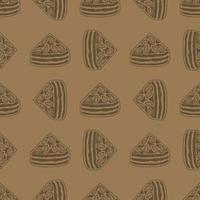 Seamless pattern with almond brownies. Wrapping paper and packaging patterns. Kraft paper pattern. Hand drawn lines. vector