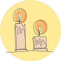 Two lighted candles on a round yellow background . Vector illustration style line.