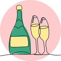 A festive set of wine bottles, champagne and glasses on a pink background. Vector illustration with one line