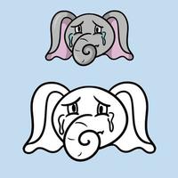 A set of drawings. Sad cute little elephant with tears cartoon elephant emotions, character crying, vector illustration on a light background