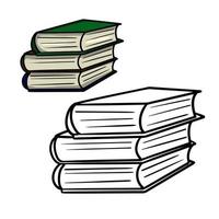 A stack of thick books, a cartoon vector illustration on a white background. A set of color and monochrome images, a sketch for a coloring book.