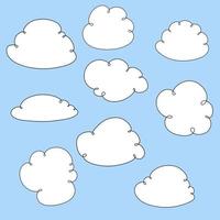 Set of vector cartoon illustrations, curly white clouds, speech cloud, frame, on a light blue background