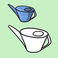 A set of illustrations for a coloring book. Blue cartoon watering can for watering plants, housework and gardening. Vector illustration on a light background
