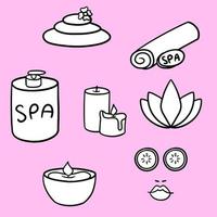 A set of black and white monochrome drawings on the theme of relaxation and spa, relaxation and rest from work, vector