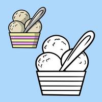 A set of illustrations for a coloring book. Sweet cold dessert, vanilla ice cream in a striped glass with a spoon, cartoon vector illustration on a blue background