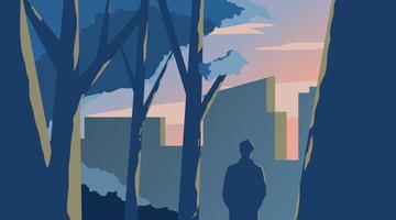 Flat design conceptual landscape city silhouette. City scenery with people back view and tree. Vector illustration of beautiful city silhouette and people scenes.