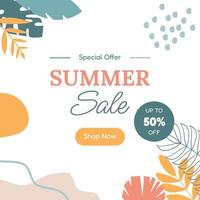 Summer sale banner in trendy style with beach, palm tree tropical leaves for promotion of cosmetic, fashion, accessories etc. Modern summer sale banner template and social media. Vector illustration.