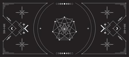 Celestial background with a copy space. Mystical poster with an ornate geometric frame, outline stars and moon phases. Esoteric backdrop vector