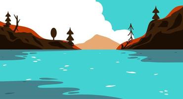 Flat design conceptual landscape mountain scenery with river and tree. Vector illustration of beautiful mountain and river scenes.