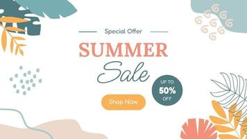 Summer sale banner in trendy style with beach, palm tree tropical leaves for promotion of cosmetic, fashion, accessories etc. Modern summer sale banner template and social media. Vector illustration.