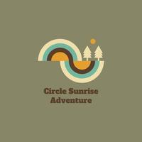 Vintage outdoor adventure summer camp logo. Vector emblem design. Vintage logo with tree, half circle, and sun. For sticker, t shirt, and patch.