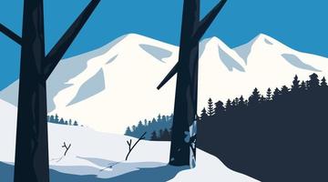 temporada de invierno de paisaje conceptual de diseño plano. paisaje de montaña con nieve y árbol. ilustración vectorial de hermosas escenas de montaña y nieve. vector