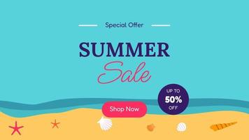 banner de venta de verano en estilo moderno con playa, hojas tropicales de palmeras para la promoción de cosméticos, moda, accesorios, etc. plantilla de banner de venta de verano moderno y redes sociales. ilustración vectorial vector