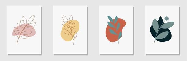 Set vector botanical wall art vector set. Earth tone color background foliage line art drawing with abstract shape. Abstract Plant Art design for wall framed prints, canvas prints, poster, home decor.