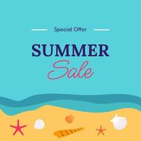 Summer sale banner in trendy style with beach, palm tree tropical leaves for promotion of cosmetic, fashion, accessories etc. Modern summer sale banner template and social media. Vector illustration.