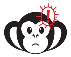 Vector illustration of monkey icon with red exclamation point - symbol of danger and alertness. new Monkeypox 2022 virus in simple flat style isolated on white background