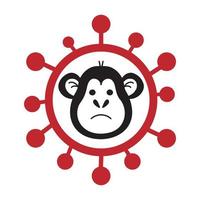 Vector illustration of monkey ape icon in red virus molecula- symbol of danger and alertness. Monkeypox 2022 virus concept in simple flat style isolated on white background.