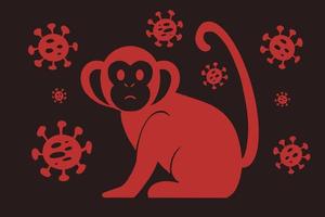 Vector illustration of monkey icon with virus cells on dark background. new Monkeypox 2022 virus - disease transmitted by monkey, ape in simple flat style isolated