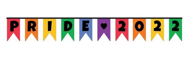 Cute festive flags bunting in color of LGBT flag with word Pride 2022. Cute Vector clip art design element decoration isolated for Pride Month 2022 celebration