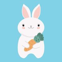 Cute kawaii rabbit bunny. Sweet white rabbit holding carrot. Children animal character. Simple childish hare drawing. Design element for kids goods, textile, etc vector