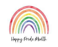 Cute watercolor textured rainbow. LGBT pride flag color symbol. Happy Pride Month text sweet greeting card, banner, social media template. vector