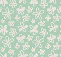 Cute flowery seamless pattern with camomile, daisy flower on light green background. Sweet romantic simple floral vector backdrop, wallpaper.