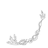 Corner pattern of corals and seashells drawn in one line. Sketch. Composition. Continuous line drawing marine ornament. Minimalist art. Vector illustration.