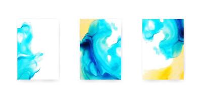 Set of vertical posters with bright abstract watercolor background in blue, yellow colors for your text. Triptych. Vectopr illustration. vector