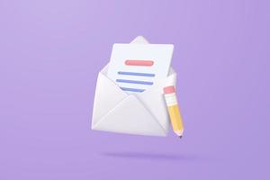Ícono de sobre de correo 3d con lápiz para componer un nuevo concepto de mensaje sobre fondo púrpura. carta de correo electrónico mínima con icono de lectura de papel de carta. lápiz escribe un nuevo mensaje en la carta. fondo vectorial 3d
