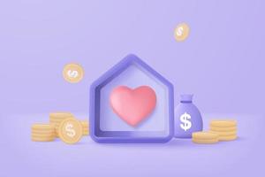 3D vector real estate and coin stack on pastel background. money saving to loan house, property concept of financial, money investment. Stack of coins and a tiny house bank on purple background