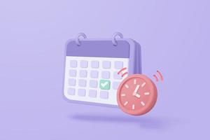 Calendario 3d con fecha marcada para un día importante en fondo morado. calendario con marca para la cita programada, día del evento, concepto de planificación de vacaciones reloj despertador 3d renderizado vectorial fondo pastel aislado vector