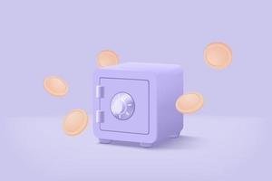 Diseño mínimo de caja de seguridad 3d para tesoros sobre fondo púrpura pastel. tesoro con oro y dinero en caja fuerte, ahorro de dinero, concepto de dinero almacenado. 3d caja segura vector render aislar fondo pastel