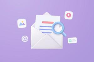 3d mail envelope icon with magnifying image and video files in message. Minimal Searching email letter with document paper icon. Media file docs management concept 3d vector render purple background