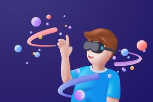 Metaverse technology future 3d concept. VR virtual reality headset with floating objects around for playing a video game isolated blue background. 3d vector render with Metaverse futuristic concept