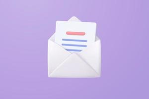 3d mail envelope icon with notification new message on purple background. Minimal email letter with letter paper read icon. message concept 3d vector render isolated pastel background