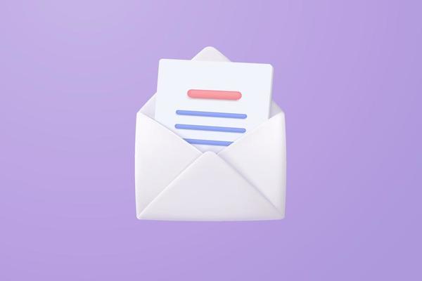 3d mail envelope icon with notification new message on purple background. Minimal email letter with letter paper read icon. message concept 3d vector render isolated pastel background