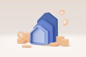 3D vector real estate and coin stack on white background. money saving to loan house, property concept of financial, money investment. Stack of coins and a tiny house bank on beige  background