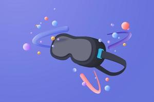 Metaverse technology future 3d concept. VR virtual reality headset with floating objects around for playing a video game isolated blue background. 3d vector render with Metaverse futuristic concept