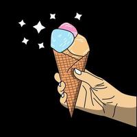 la mano sostiene un helado en un cono de galleta. diseño plano de ilustración vectorial aislado con fondo negro. vector