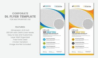 azul, amarillo color moderno limpio estándar corporativo dl volante diseño de plantilla de tarjeta de estante para negocios, marketing, publicidad y uso multipropósito vector