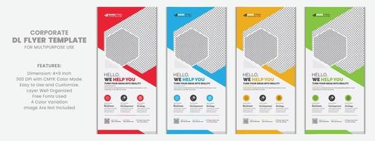 Abstract Polygon Shapes Corporate DL Flyer Rack Card Template Vector Design with Red, Blue, Yellow, Green Color