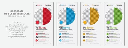 Stylish Trendy Red, Blue, Yellow, Green Corporate DL Flyer Rack Card Template Clean Design for Advertisement and Multipurpose Use with Creative Shapes, Concept, Idea vector