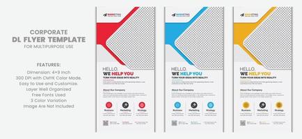 Modern Clean Creative Unique Professional Abstract Editable Red, Blue, Yellow Corporate DL Flyer Business Rack Card Template Design for Marketing, Advertisement and Multipurpose Use vector